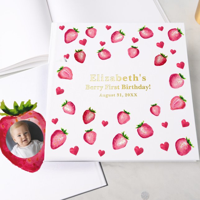 Berry First Birthday Strawberry Custom Photo Gold Foil Guest Book (Creator Uploaded)