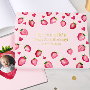 Berry First Birthday Strawberry Custom Photo Gold Foil Guest Book