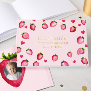 Berry First Birthday Strawberry Custom Photo Gold Foil Guest Book