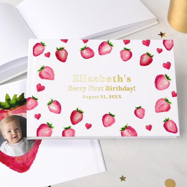 Berry First Birthday Strawberry Custom Photo Gold Foil Guest Book (Creator Uploaded)