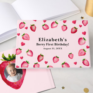 Berry First Birthday Strawberry Custom Photo Guest Book
