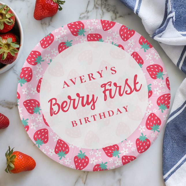 Berry First Birthday Strawberry Daisy Paper Plates (Creator Uploaded)
