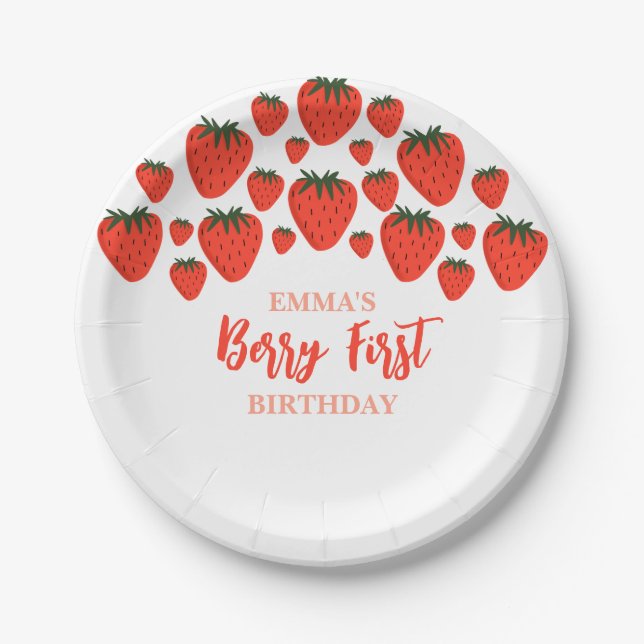 Berry First Birthday Strawberry Design  Paper Plates (Front)