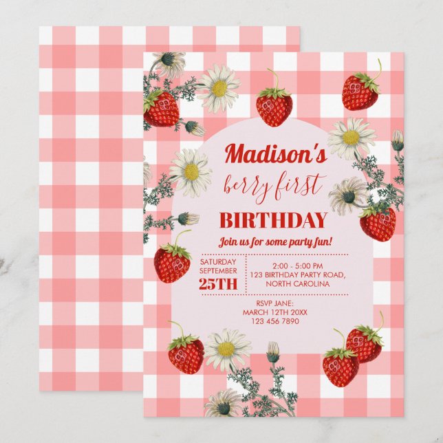 Berry First Birthday Strawberry First 1st Birthday Invitation (Front/Back)