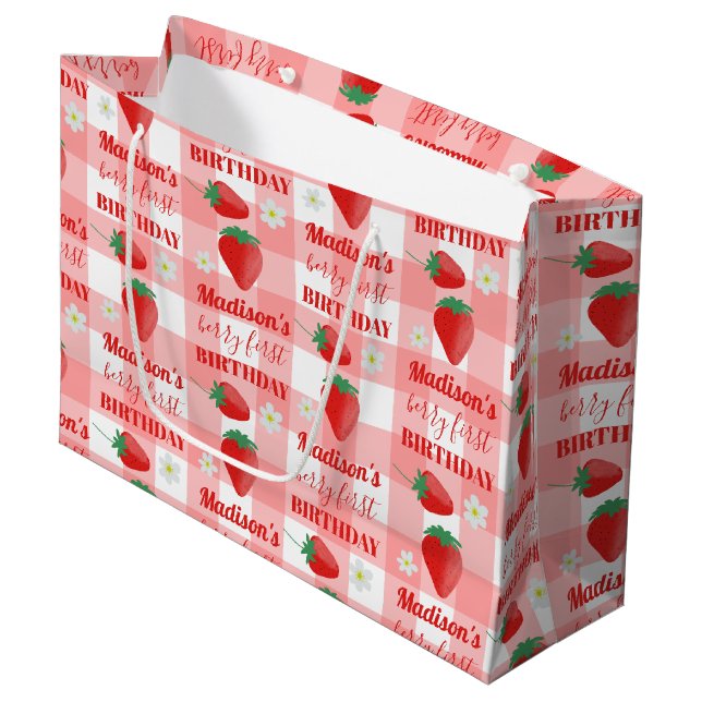 Berry First Birthday Strawberry First 1st Name Large Gift Bag (Front Angled)