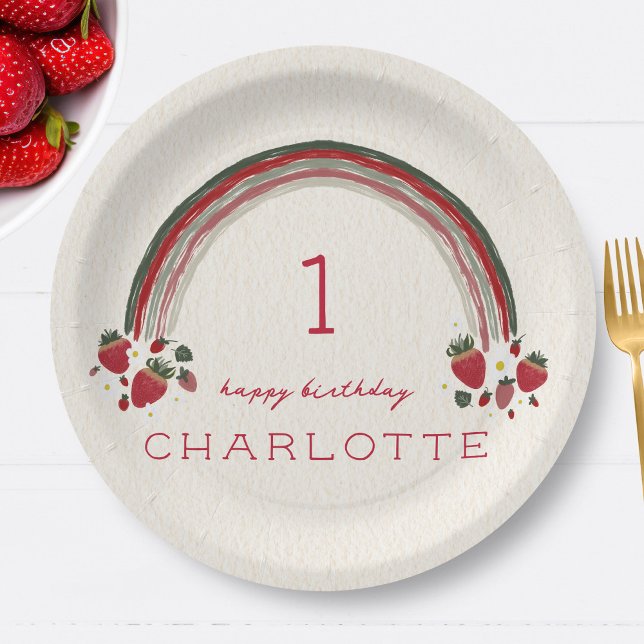Berry First Birthday Strawberry Floral Rainbow Paper Plates (Creator Uploaded)