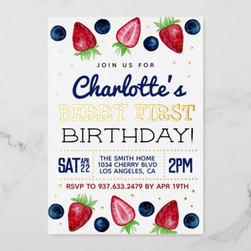 Berry First Birthday Strawberry Foil Invitation