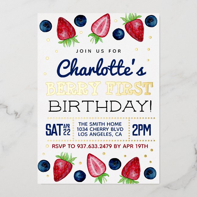 Berry First Birthday Strawberry Foil Invitation (Front)