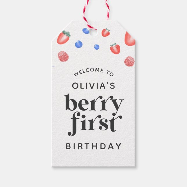 Berry First Birthday Strawberry Gift Tags (Front)