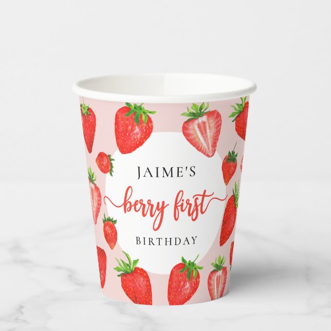 Berry First Birthday Strawberry Girl 1st Birthday Paper Cups (Left)