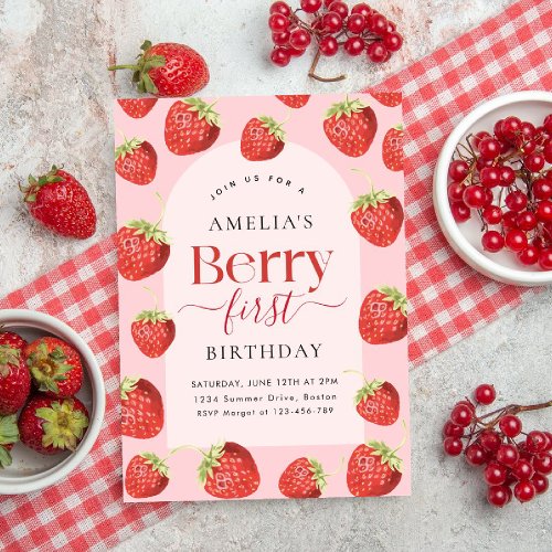 Berry First Birthday Strawberry Girl Invitation