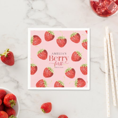 Berry First Birthday Strawberry Girl Napkins