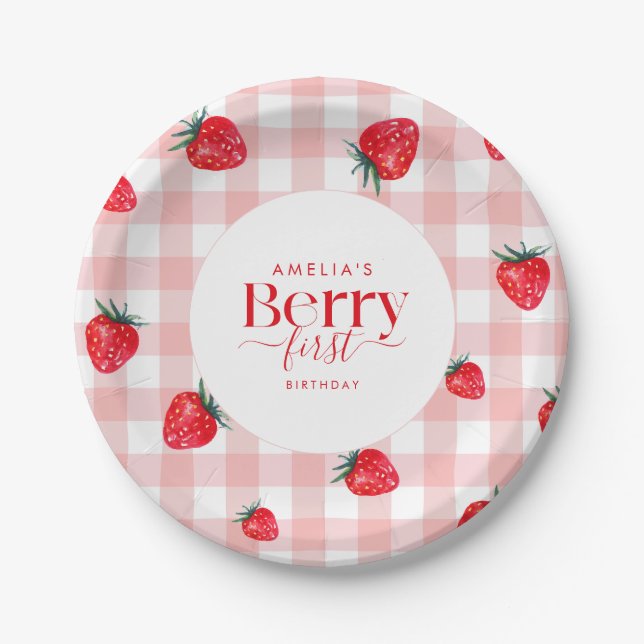 Berry First Birthday Strawberry Girl Paper Plates (Front)