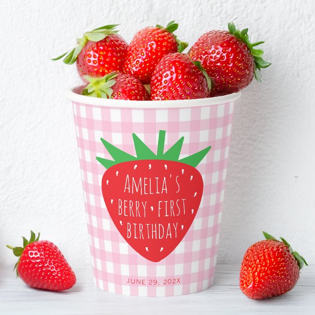 Berry First Birthday Strawberry Girl Pink Plaid Paper Cups (Creator Uploaded)