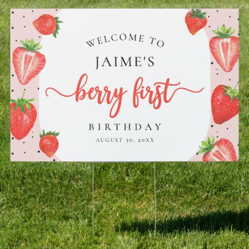 Berry First Birthday Strawberry Girl Pink Yard Sign