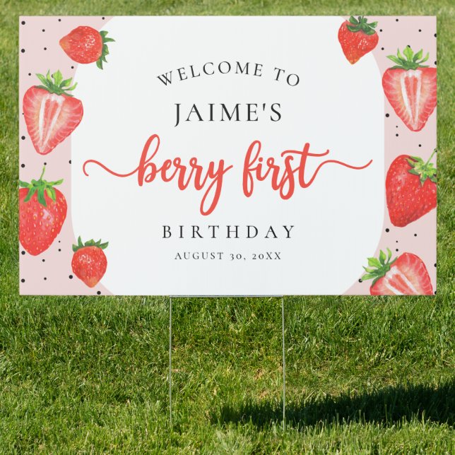 Berry First Birthday Strawberry Girl Pink Yard Sign (Insitu)