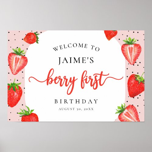 Berry First Birthday Strawberry Girl Welcome Poster