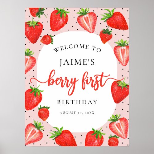 Berry First Birthday Strawberry Girl Welcome Poster