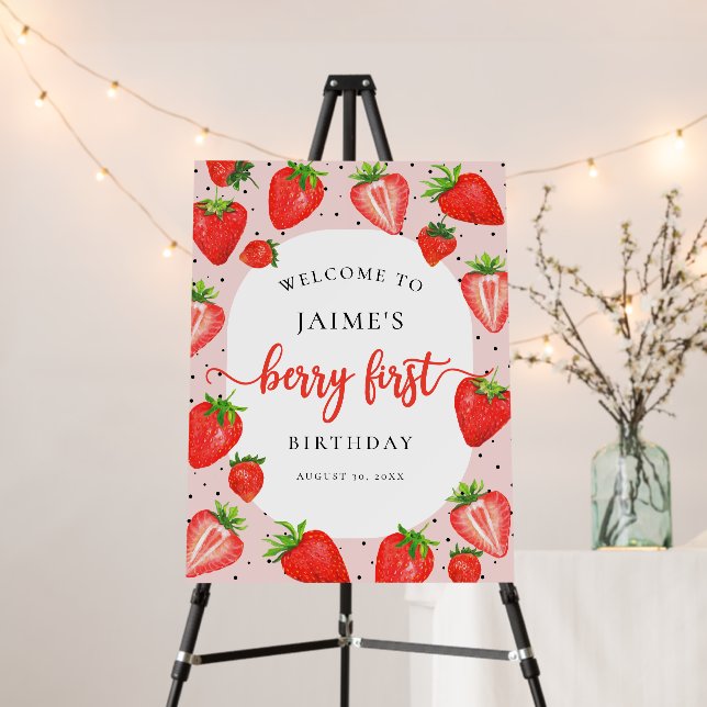 Berry First Birthday Strawberry Girl Welcome Sign (In Situ (Stand))