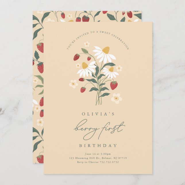 Berry First Birthday Strawberry Invitation (Front/Back)