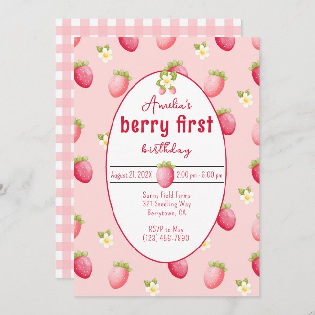 Berry First Birthday Strawberry Invitation (Front/Back)
