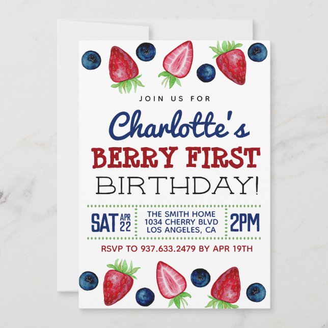 Berry First Birthday Strawberry Invitation (Front)