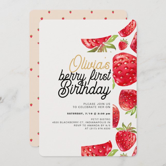 Berry First Birthday Strawberry Invitation (Front/Back)