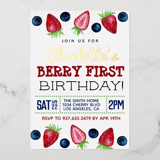 Berry First Birthday Strawberry Invitation Foil Invitation (Front)