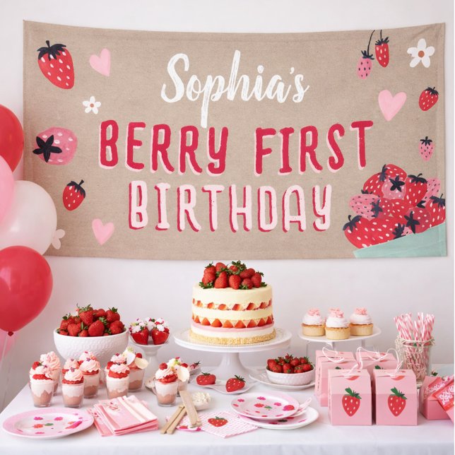 Berry First Birthday Strawberry Kraft Paper Banner (Creator Uploaded)