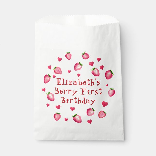 Berry First Birthday Strawberry Party Hearts Favor Bag (Front)