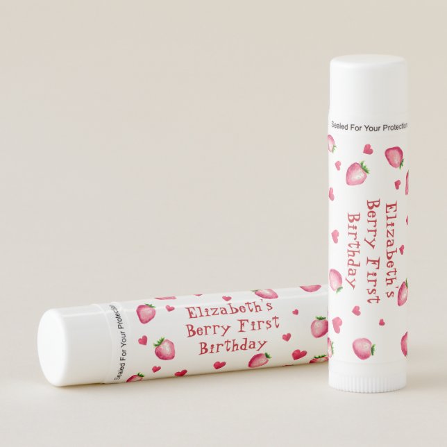 Berry First Birthday Strawberry Party Hearts Lip Balm (Front)
