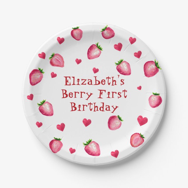 Berry First Birthday Strawberry Party Hearts Paper Plates (Front)