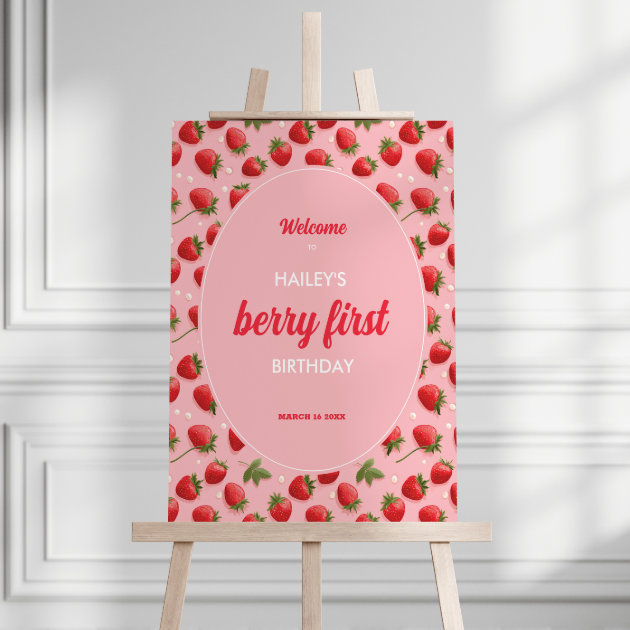 Berry First Birthday Strawberry Party Sign