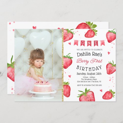 Berry First Birthday Strawberry Photo Invitation