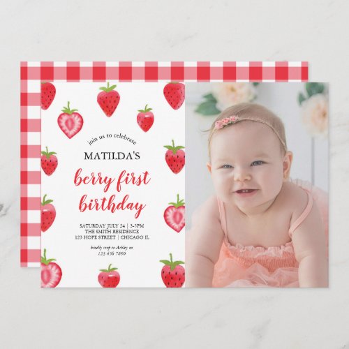 Berry First Birthday Strawberry Photo Invitation