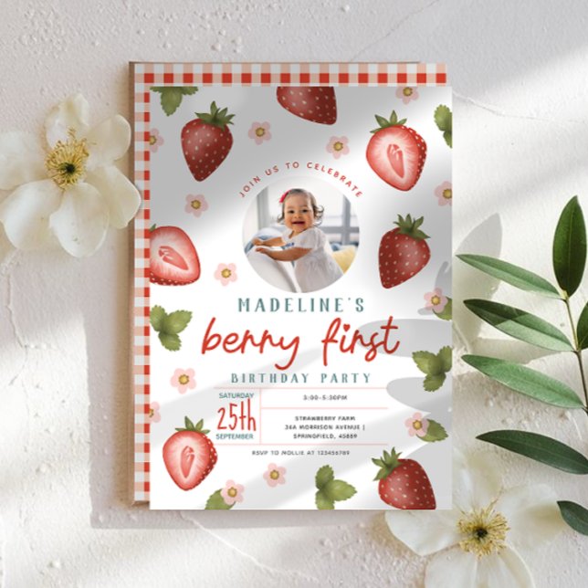 Berry First Birthday Strawberry Photo Invitation (Creator Uploaded)
