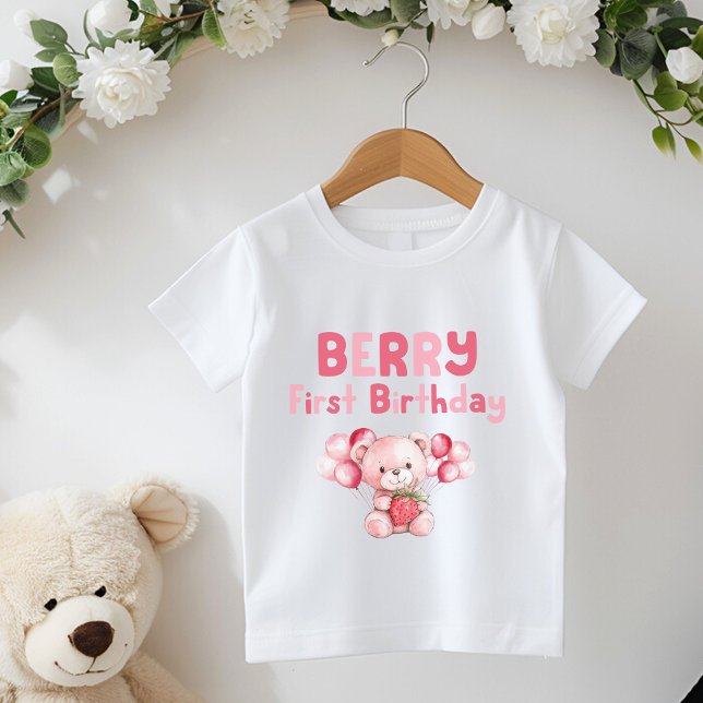 Berry First Birthday Strawberry Pink Baby T-Shirt (Creator Uploaded)