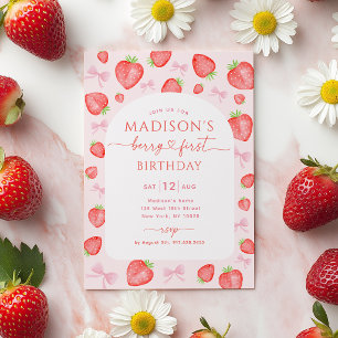 Berry First Birthday Strawberry Pink Bow Invitation