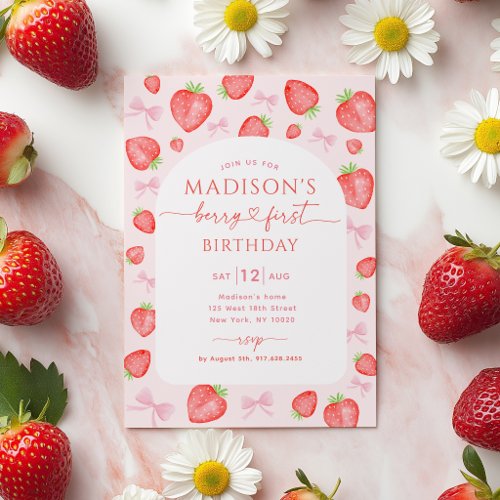 Berry First Birthday Strawberry Pink Bow Invitation