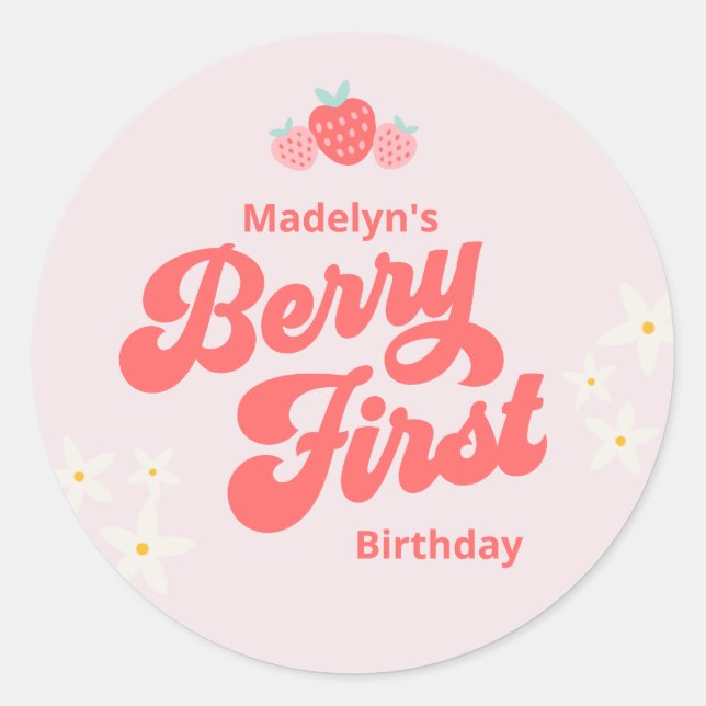 Berry First Birthday Strawberry Pink Classic Round Classic Round Sticker (Front)