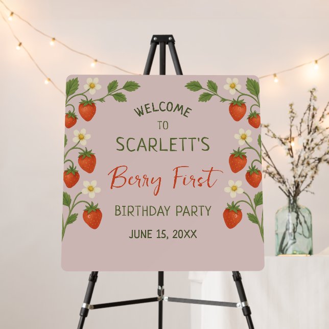 Berry First Birthday Strawberry Pink Welcome Sign (In Situ (Stand))