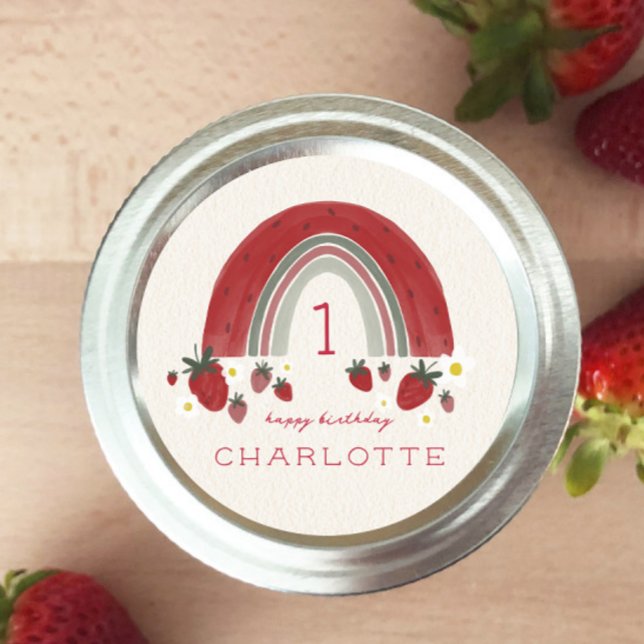 Berry First Birthday Strawberry Rainbow Floral Classic Round Sticker (Creator Uploaded)