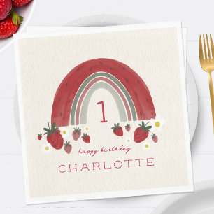 Berry First Birthday Strawberry Rainbow Floral Napkins