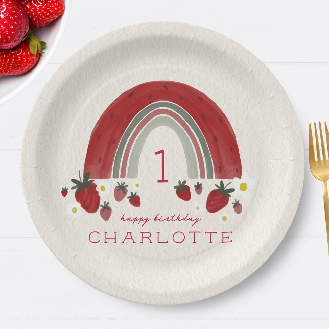 Berry First Birthday Strawberry Rainbow Floral Paper Plates (Creator Uploaded)