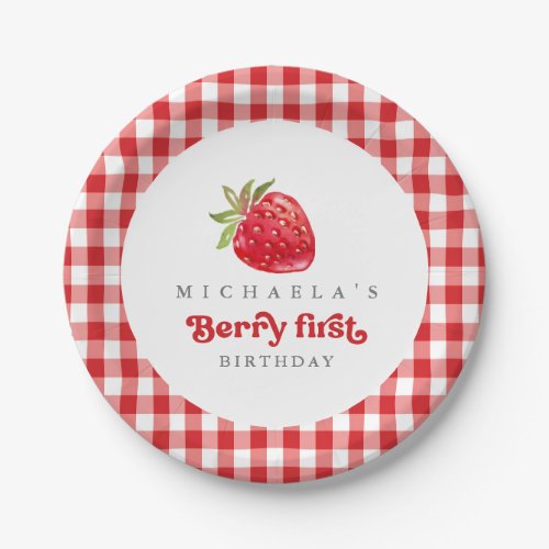 Berry First Birthday Strawberry Red White Gingham Paper Plates