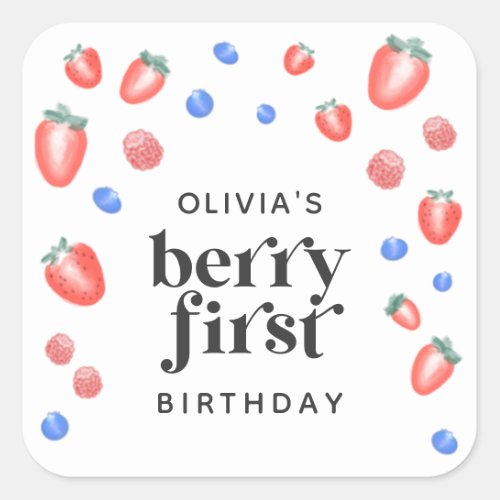 Berry First Birthday Strawberry Square Sticker