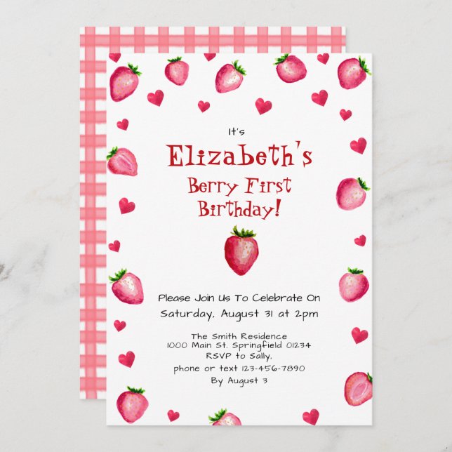 Berry First Birthday Strawberry Summer Gingham 1st Invitation (Front/Back)