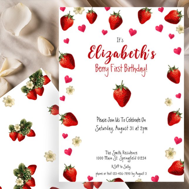 Berry First Birthday Strawberry Summer Gingham 1st Invitation (Creator Uploaded)