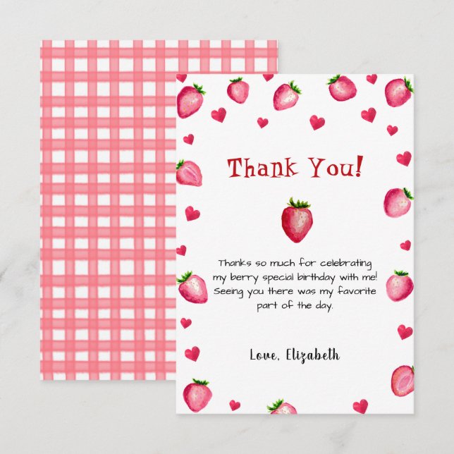 Berry First Birthday Strawberry Summer Gingham 1st Thank You Card (Front/Back)