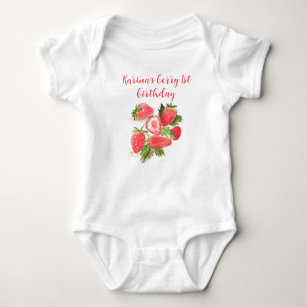 Berry First Birthday Strawberry Watercolor Girl  Baby Bodysuit